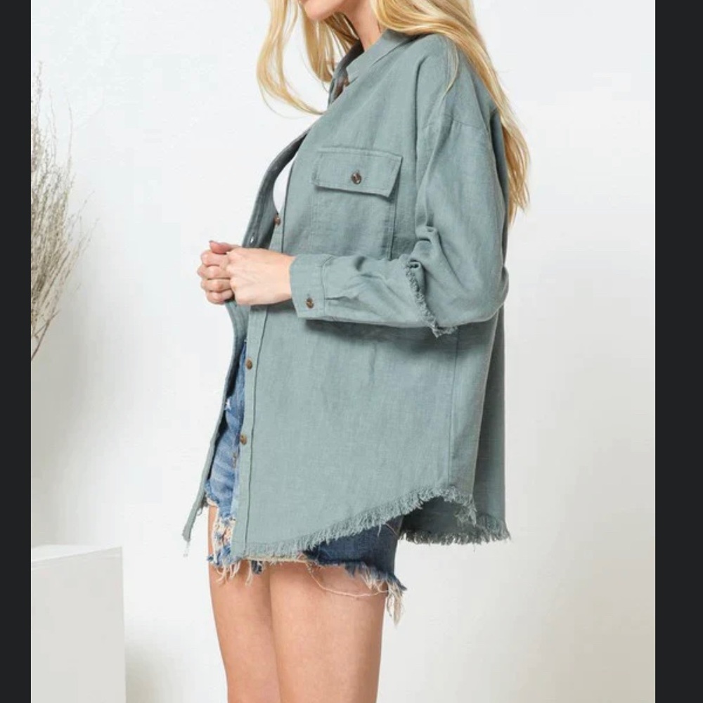 Sage green frayed detail button up
